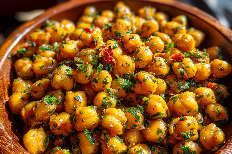 Ingredients for Herb-Infused Roasted Chickpeas laid out on a wooden table.