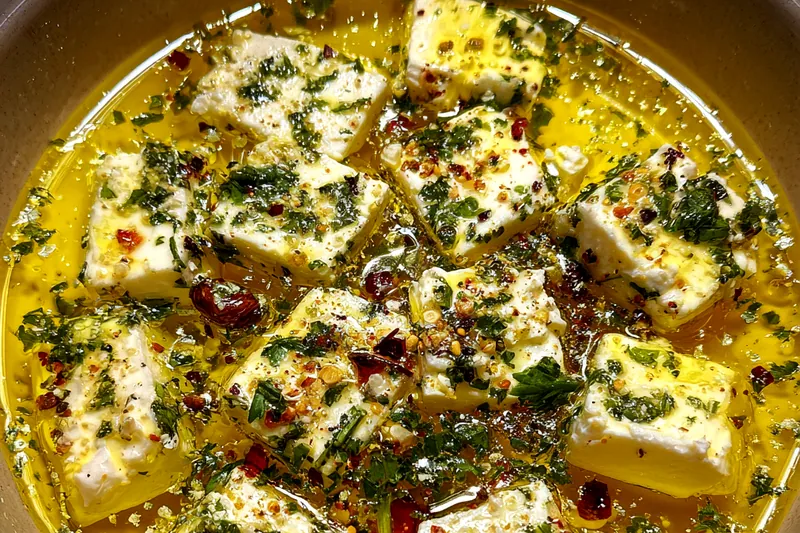 A fresh and vibrant display of ingredients for Herbed Feta Dipping Oil including feta cheese, olive oil, herbs, and spices.