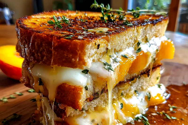 Ingredients for peach brie grilled cheese: sourdough slices, brie wedge, fresh peaches, honey jar, and thyme sprigs