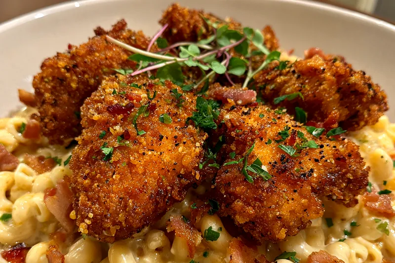 A step-by-step cooking process image of Honey Pepper Chicken Mac & Cheese, showcasing the creamy sauce being added to the chicken and pasta.