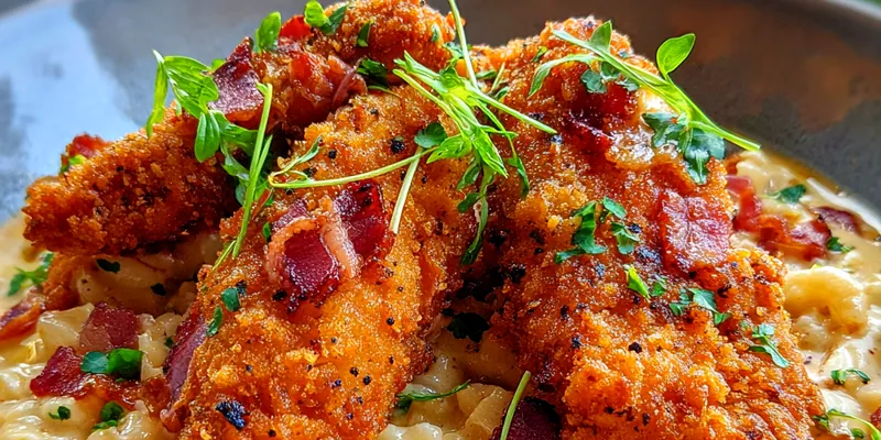 A close-up view of a creamy bowl of Honey Pepper Chicken Mac & Cheese topped with parsley and black pepper.