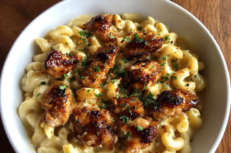 An arranged display of fresh ingredients for Honey Pepper Chicken Mac, including chicken, pasta, and spices.