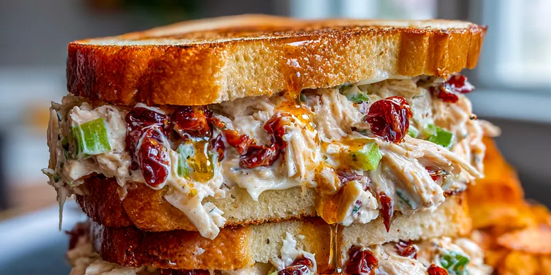 Golden toasted chicken salad sandwich stacked high, filling spilling out with green onions and sun-dried tomatoes, drizzled with amber honey