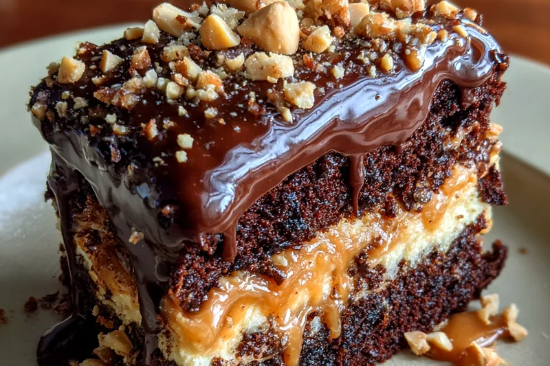 A step-by-step photo series of the cooking process for Indulgent Chocolate Peanut Butter Cake.