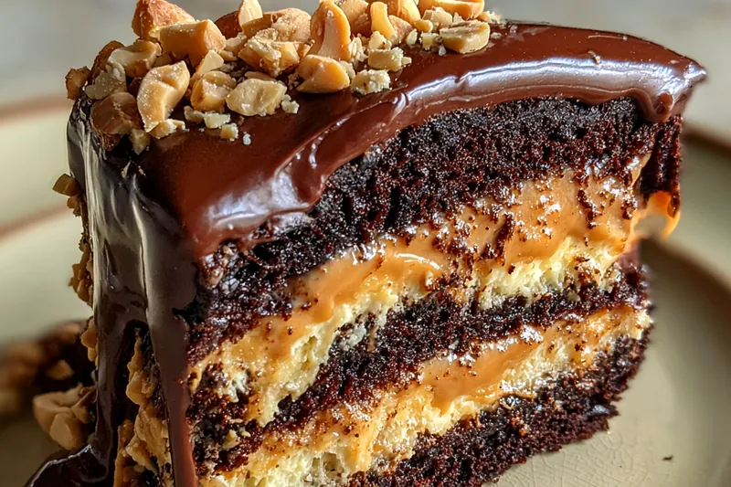 An array of ingredients for Indulgent Chocolate Peanut Butter Cake displayed on a kitchen counter.