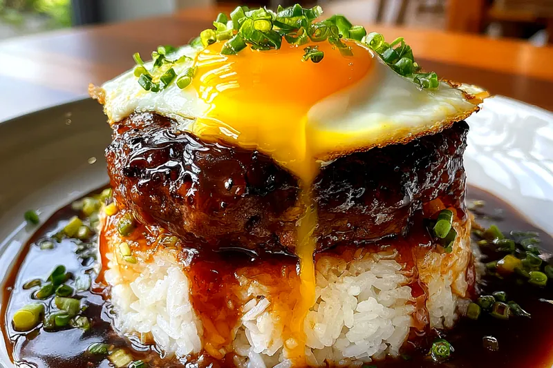 Thick hamburger patties simmering in a dark brown gravy in a skillet