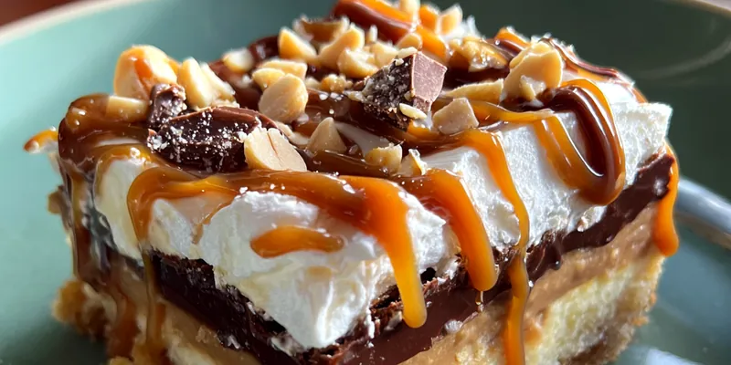 Delicious Layered Chocolate Peanut Delight served on a plate