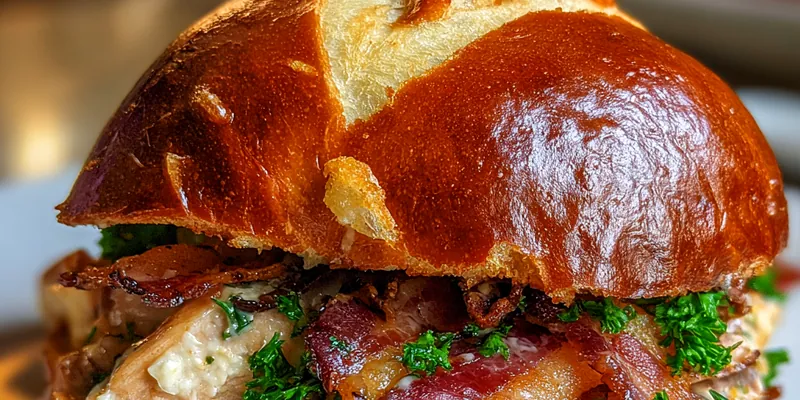 Close up of a chicken salad sandwich on a pretzel bun with bacon and parsley spilling out