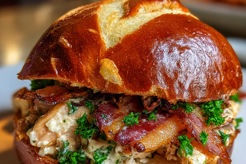 Ingredients for chicken salad including cooked chicken, mayo, celery, pretzel buns, and bacon laid out on a table