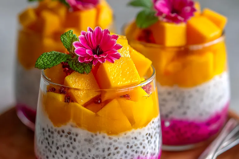 Fresh ingredients for Mango Dragon Chia Parfait
