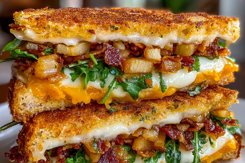 A skillet filled with Maple Bacon Apple Grilled Cheese sandwiches sizzling and turning golden brown.