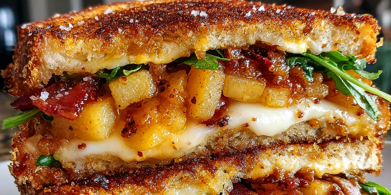 A beautifully arranged Maple Bacon Apple Grilled Cheese sandwich, golden brown with melted cheese and crispy bacon, served on a rustic wooden board.