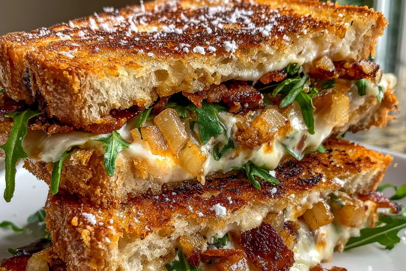 A colorful display of ingredients for Maple Bacon Apple Grilled Cheese including bread, cheese, apples, and bacon.