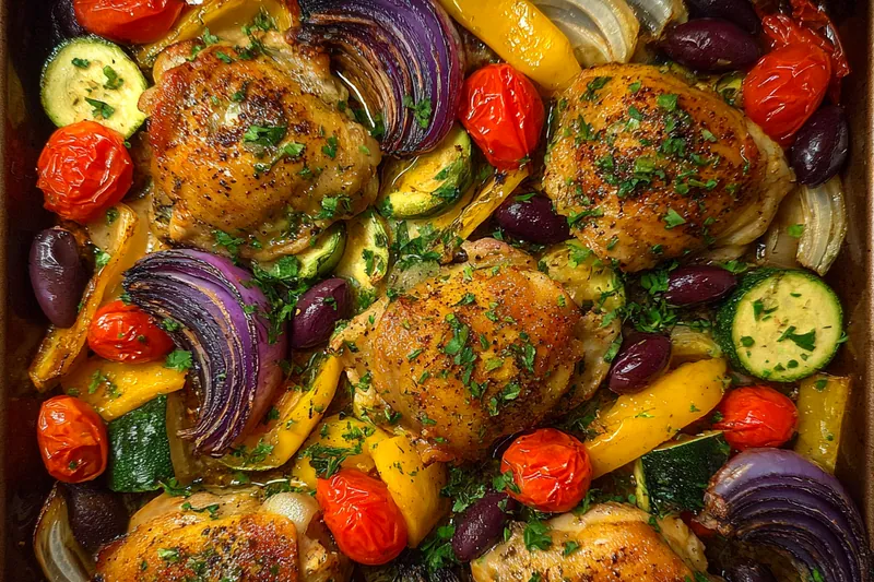 A skilled Chef preparing Mediterranean Chicken Feast in a modern kitchen, showcasing fresh ingredients and cooking techniques.
