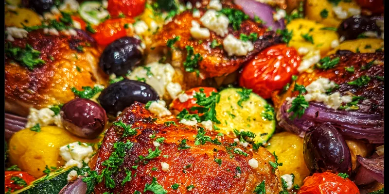 A beautifully plated Mediterranean Chicken Feast with vibrant colors and fresh ingredients.