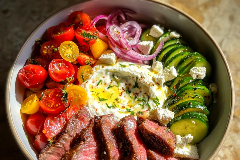 Cooking process for Mediterranean Steak Bowl