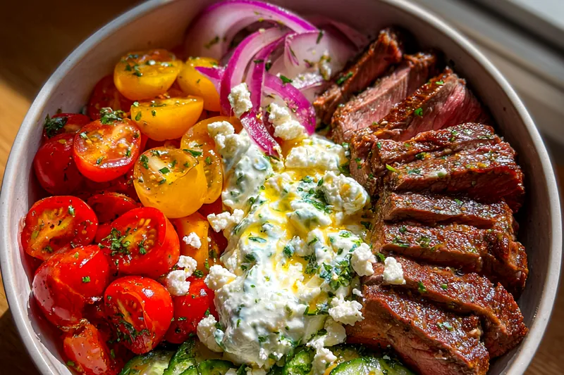 Fresh ingredients for Mediterranean Steak Bowl
