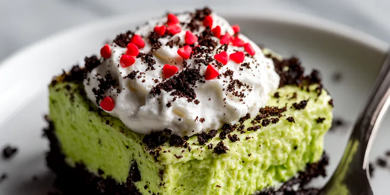 Square slice of pistachio lush dessert with Oreo crust, green pudding filling, and whipped cream topped with heart sprinkles