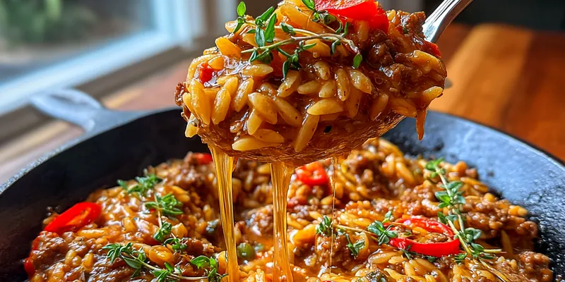 Creamy tomato beef and orzo pasta in a cast iron skillet with melted cheese pull, garnished with thyme and red chilies