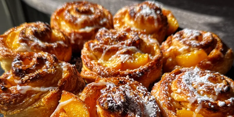 Delicious Peach Glazed Cinnamon Rolls served on a plate