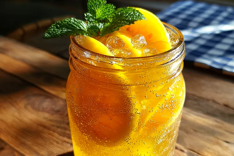 A vibrant pitcher of Peach Lemonade Bliss being poured into glasses over ice.