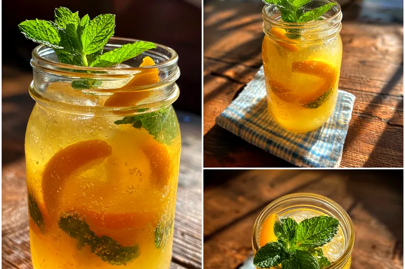 Fresh peaches, lemons, sugar, and ice arranged for making Peach Lemonade Bliss.