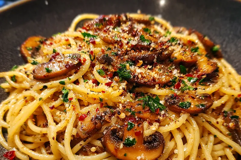 Chef Mitchell sautéing garlic and mushrooms in a skillet for Quick Garlic Mushroom Spaghetti.
