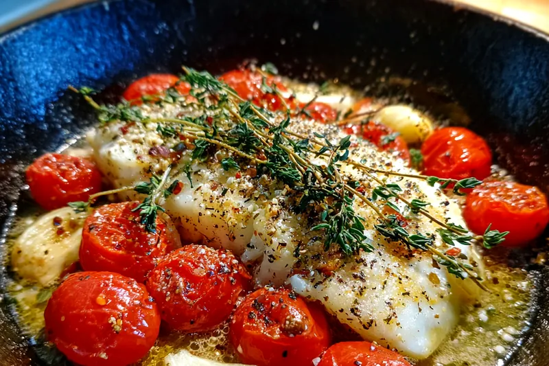 The cooking process of Quick Mediterranean Fish Delight, showing fish fillets searing in a skillet with vegetables.