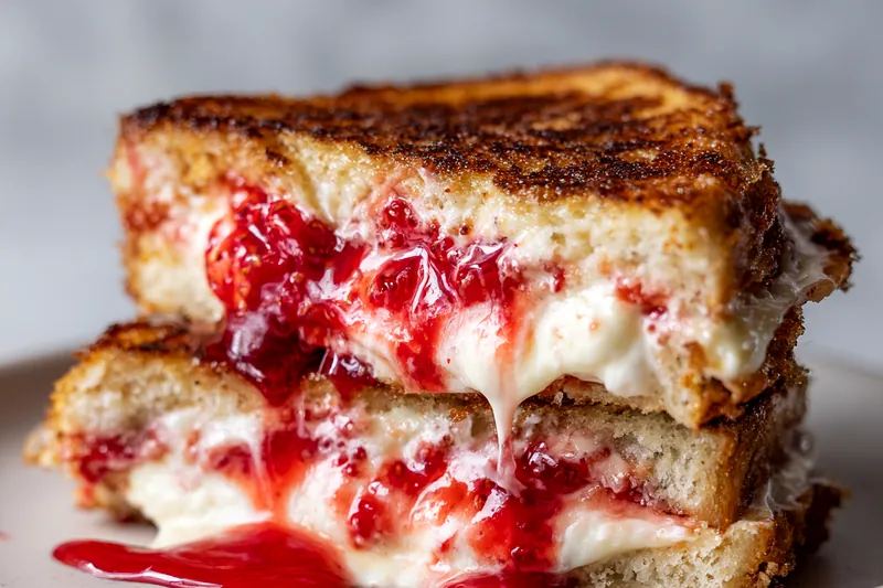 Ingredients for raspberry brie french toast including brioche loaf, brie wheel, jar of raspberry jam, eggs, and milk on a marble counter