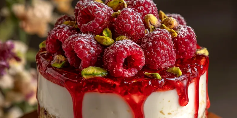 Delicious Raspberry Pistachio Cream Cake served on a plate