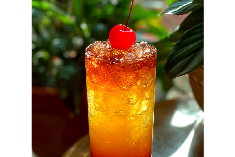 The process of mixing the Refreshing Amaretto Punch in a large pitcher with vibrant colors.