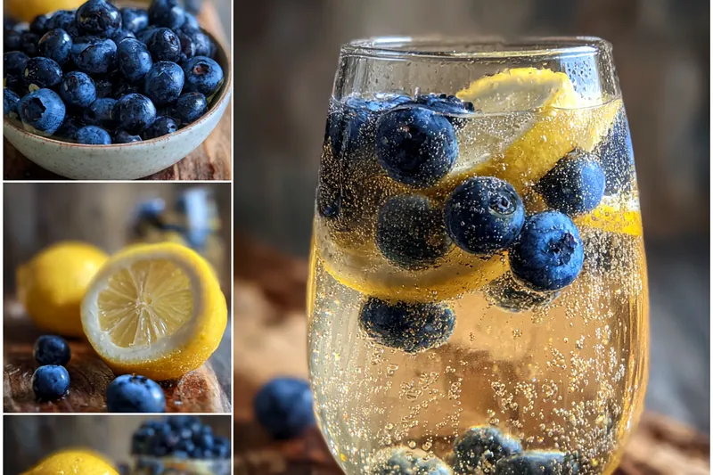 An array of fresh ingredients including blueberries, lemons, and a bottle of white wine for the sangria.