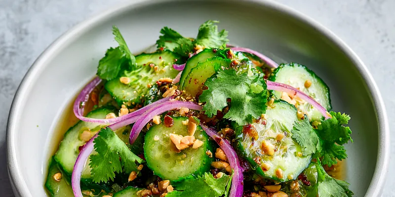 A beautifully arranged plate of Refreshing Thai Cucumber Delight featuring vibrant cucumbers and garnished with peanuts.