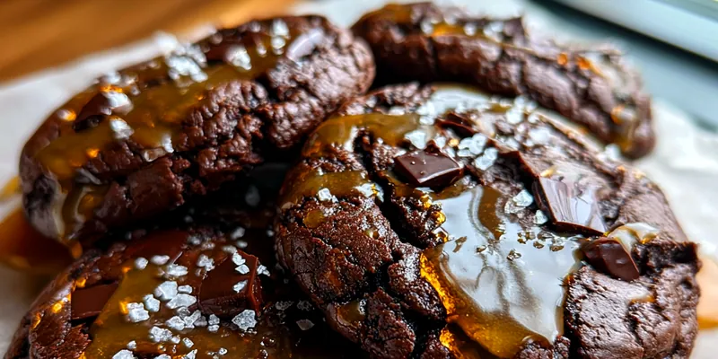 Close-up of dark chocolate cookies with pooling salted caramel and flaky salt on a white parchment surface