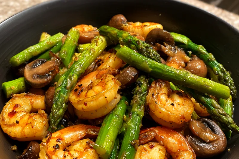 Chef Mitchell skillfully sautéing shrimp and asparagus in a skillet.