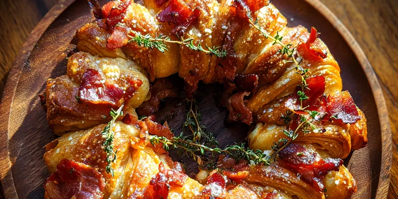 A beautifully arranged Savory Bacon Brie Wreath on a rustic wooden table, garnished with fresh herbs.