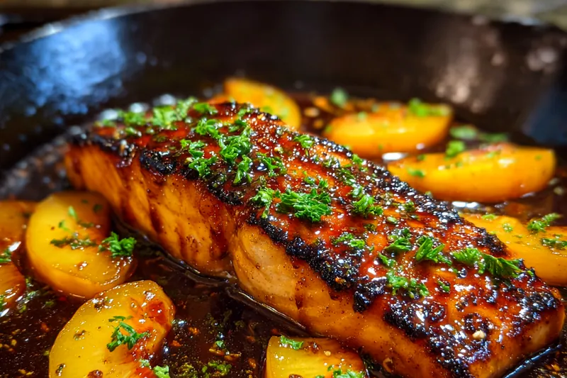 A chef is seen cooking Savory Bourbon Peach Salmon in a skillet, showcasing the sizzling salmon and peaches.