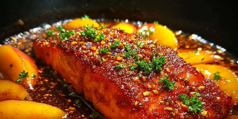 A beautifully plated dish of Savory Bourbon Peach Salmon garnished with fresh parsley and served with sautéed peaches.