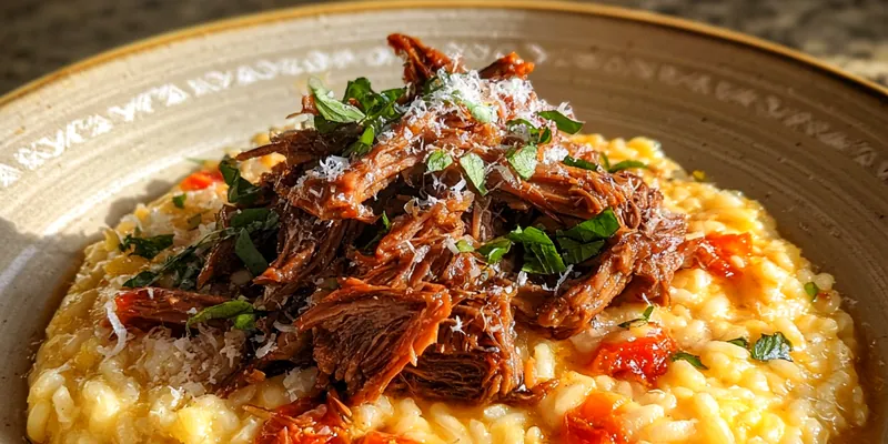 Delicious Savory Braised Beef Risotto served on a plate