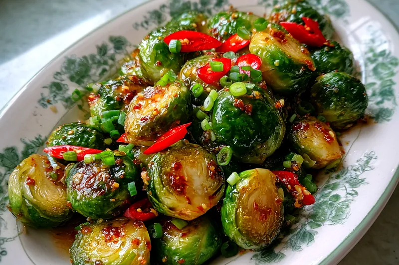 A close-up of Brussels sprouts roasting in the oven, turning golden brown and fragrant.