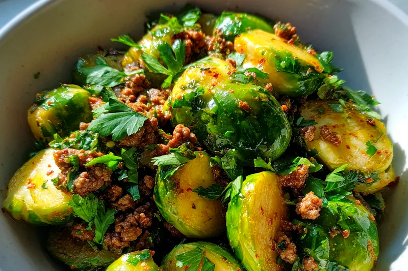 Cooking process for Savory Brussels Sprouts Stir-Fry