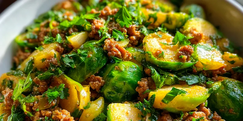 Delicious Savory Brussels Sprouts Stir-Fry served on a plate