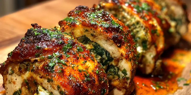 Savory Chicken Ricotta Rolls served on a platter with marinara sauce and garnished with fresh parsley.