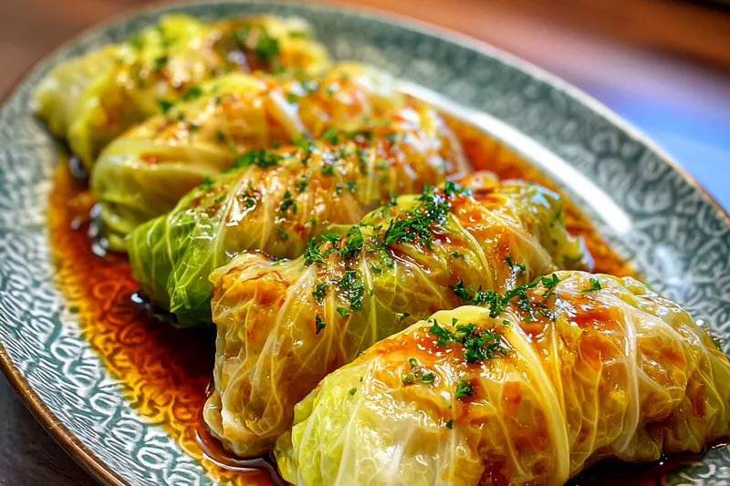 Stuffed cabbage rolls simmering in a skillet with savory brown glaze, steam rising