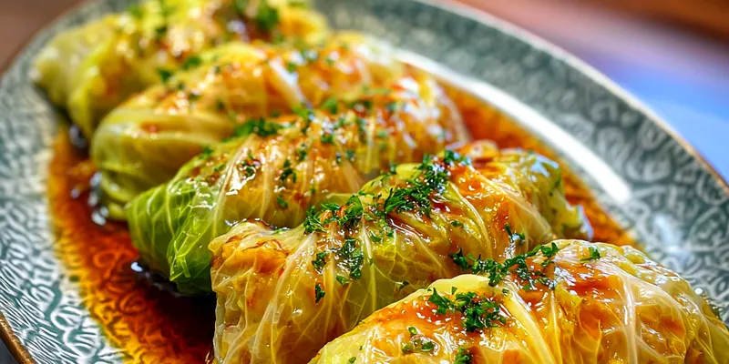 Five cooked stuffed cabbage rolls on an oval plate with savory glaze and parsley garnish