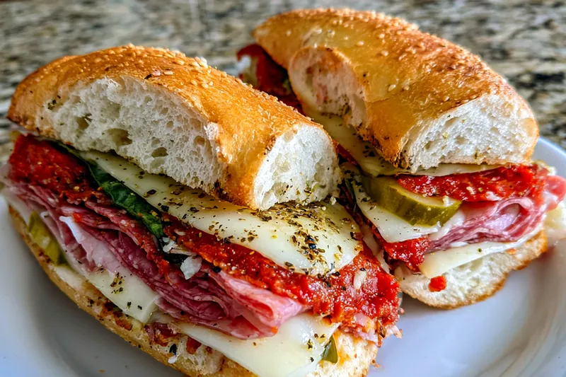 An assortment of fresh ingredients for Savory Italian Grinder Delight, including sausages, peppers, and cheese.