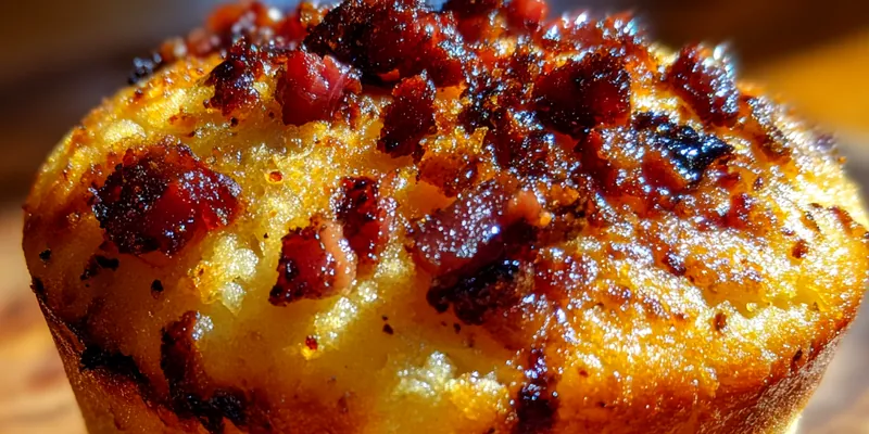 Savory Maple Bacon Muffins displayed on a wooden table, garnished with fresh herbs and surrounded by ingredients used in the recipe.