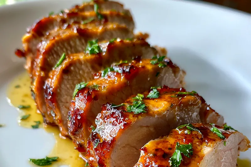 Chef demonstrating the cooking process of Savory Maple Dijon Pork in a skillet.