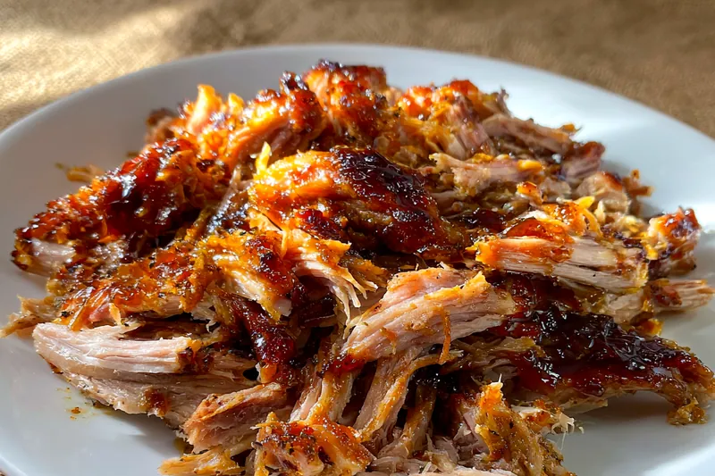 An image capturing the slow-cooking process of Savory Pulled Pork Delight, showcasing tender meat and rich sauce.