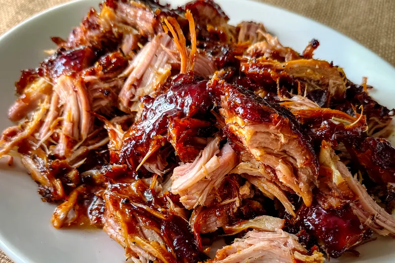 A beautifully arranged setup of fresh ingredients for Savory Pulled Pork Delight including pork shoulder, spices, onions, and sauces.